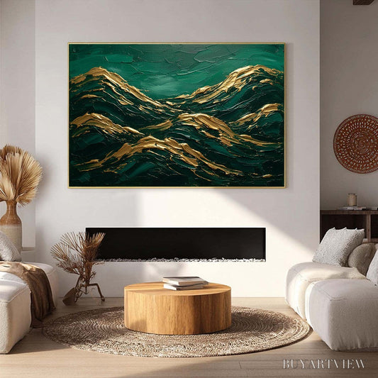 BUYARTVIEW Emerald Crests – Heavy Texture Abstract Green and Gold Landscape Painting - image 2