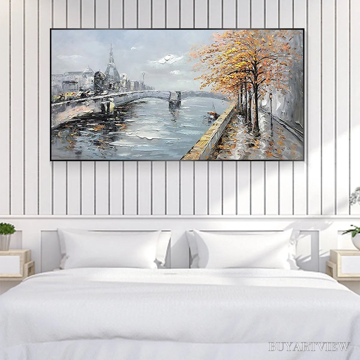 BUYARTVIEW Autumnal River Walk – Panoramic Cityscape Oil Painting with River and Trees - image 6