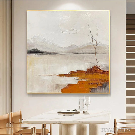 BUYARTVIEW Serene Waters – Minimalist Landscape Painting in White, Grey, and Orange, Square Canvas - image 2