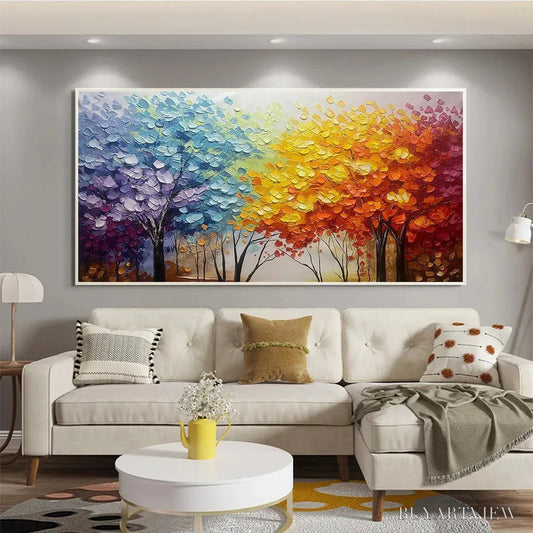 BUYARTVIEW Autumn Rainbow – Panoramic Tree Painting in Vibrant Colors, Textured Canvas, Modern - image 2