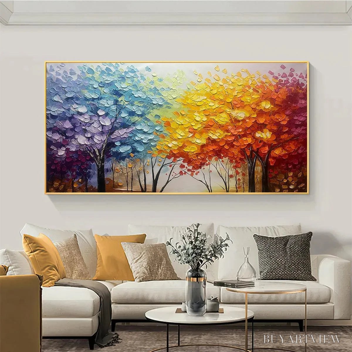 BUYARTVIEW Autumn Rainbow – Panoramic Tree Painting in Vibrant Colors, Textured Canvas, Modern - image 6