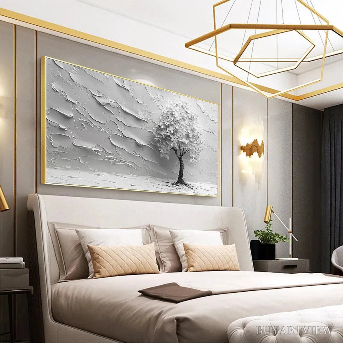 BUYARTVIEW Serene Tree – Textured 3D Tree Painting, White Impasto , Panoramic Canvas, Minimalist Decor - image 6