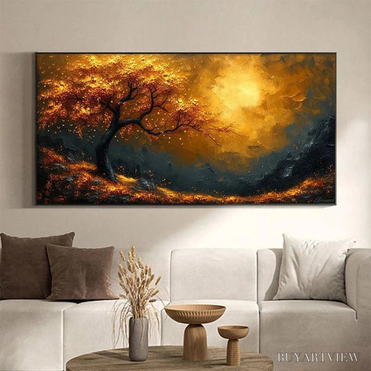 BUYARTVIEW Golden Hour – Textured Tree Painting, Impasto , Panoramic Canvas, Landscape Decor - image 2