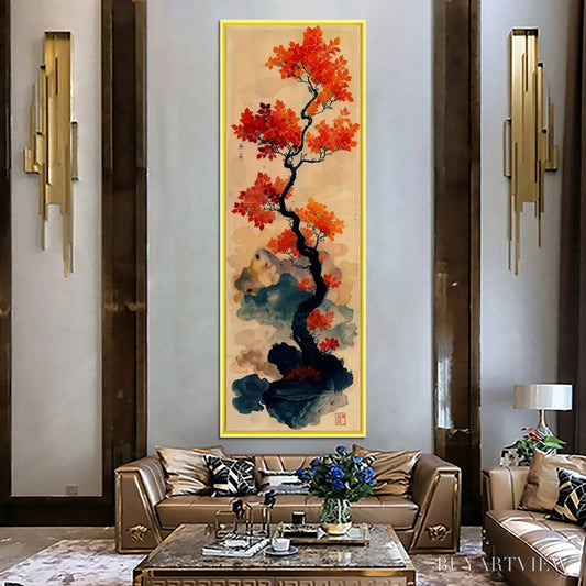BUYARTVIEW Crimson Autumn Bonsai – Tree Painting, Vertical , Asian Decor - image 2
