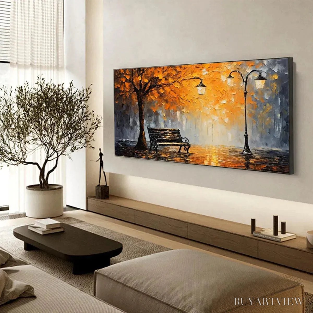 BUYARTVIEW Autumn Park Bench – Impressionistic Park Painting in Orange and Grey - image 6