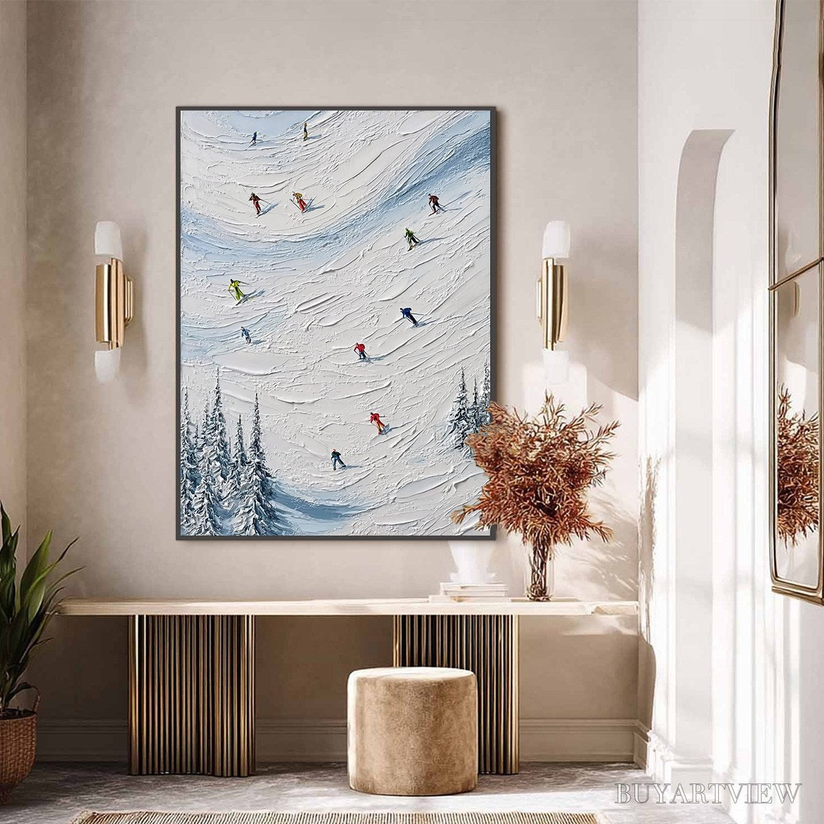 BUYARTVIEW Alpine Rush – Textured Impasto Painting of Skiers on a Snowy Mountain - image 6
