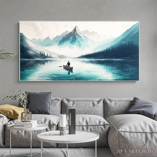 BUYARTVIEW Solitude'S Embrace – Panoramic Lake and Mountain Landscape Oil Painting with Canoe - image 2