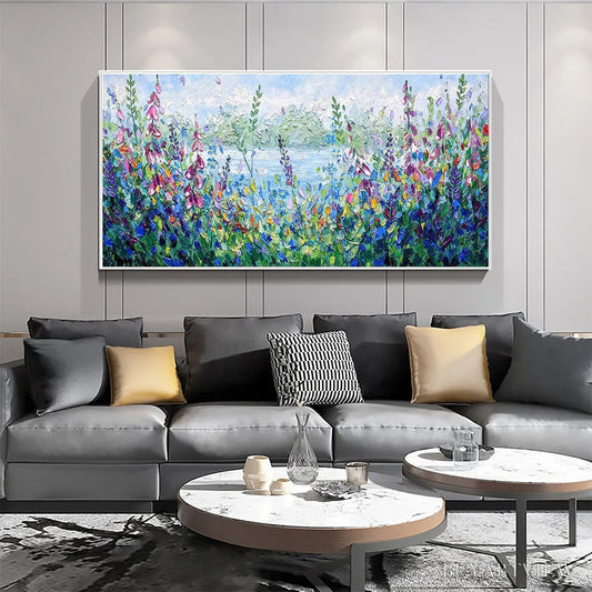 BUYARTVIEW Alpine Meadow – Impasto Landscape Oil Painting with Wildflowers and Lake View - image 2