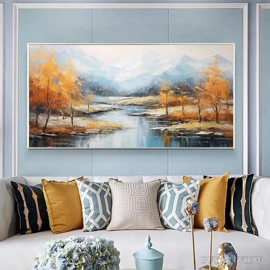 BUYARTVIEW Golden Autumn Valley – Traditional Landscape Painting in Yellow and Blue - image 2
