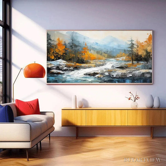 BUYARTVIEW Autumn River – Textured Landscape Painting with River and Mountains - image 2