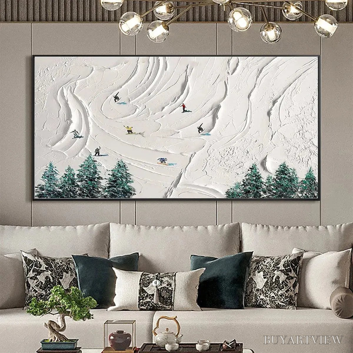 BUYARTVIEW Snowy Peaks – Textured Minimalist Winter Landscape Painting with Skiers - image 6