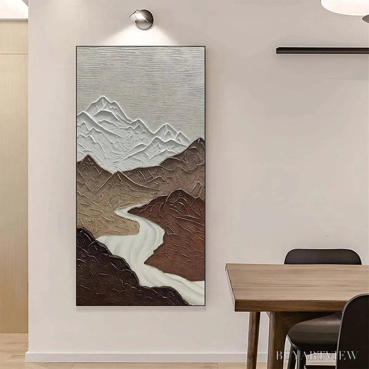 BUYARTVIEW Earth River – Textured Brown and White Mountain River Landscape Painting - image 2