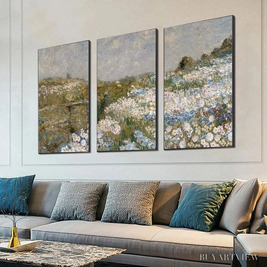 BUYARTVIEW Wildflower Field Triptych – Impressionist Landscape Painting Set of 3 - image 2