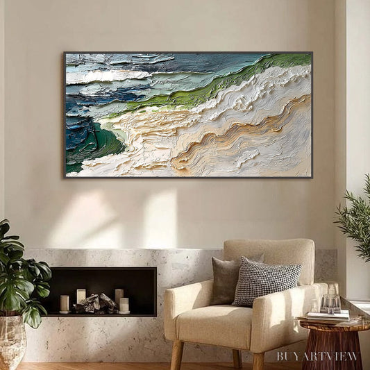 BUYARTVIEW Shoreline Echoes – Textured Wabi Sabi Seascape Painting - image 2