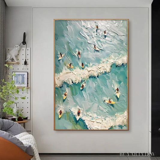 BUYARTVIEW Surf'S Up – Textured Aerial View of Surfers Oil Painting - image 2