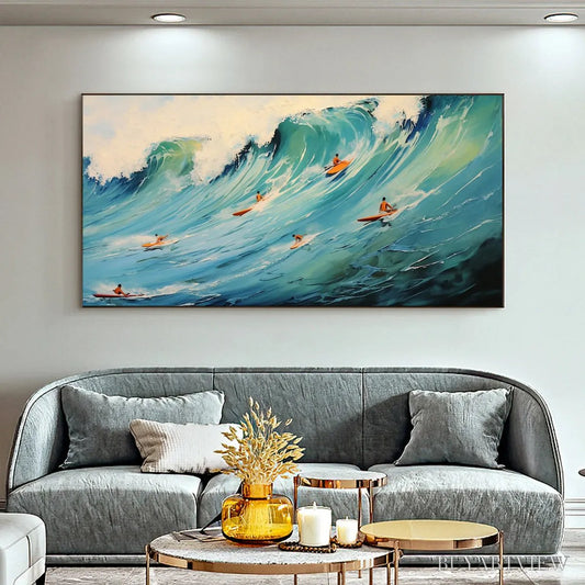 BUYARTVIEW Epic Ride – Panoramic Ocean Painting of Surfers on a Majestic Wave - image 2