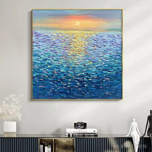 BUYARTVIEW Golden Sunset Over Water – Square Textured Seascape Painting, Palette Knife Ocean Sunset, Blue, Living… - image 2
