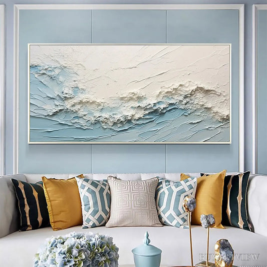 BUYARTVIEW Serene Seascape – Panoramic Textured Abstract Painting, Impasto , Blue, White, Beige, Living Room, Bedroom - image 2