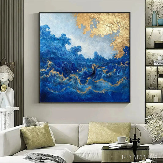 BUYARTVIEW Azure Crest – Square Abstract Ocean Waves Oil Painting with Gold Leaf - image 2