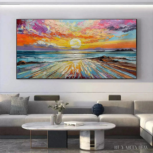 BUYARTVIEW Colorful Seascape Oil Painting - Vibrant Sunset Art - image 2