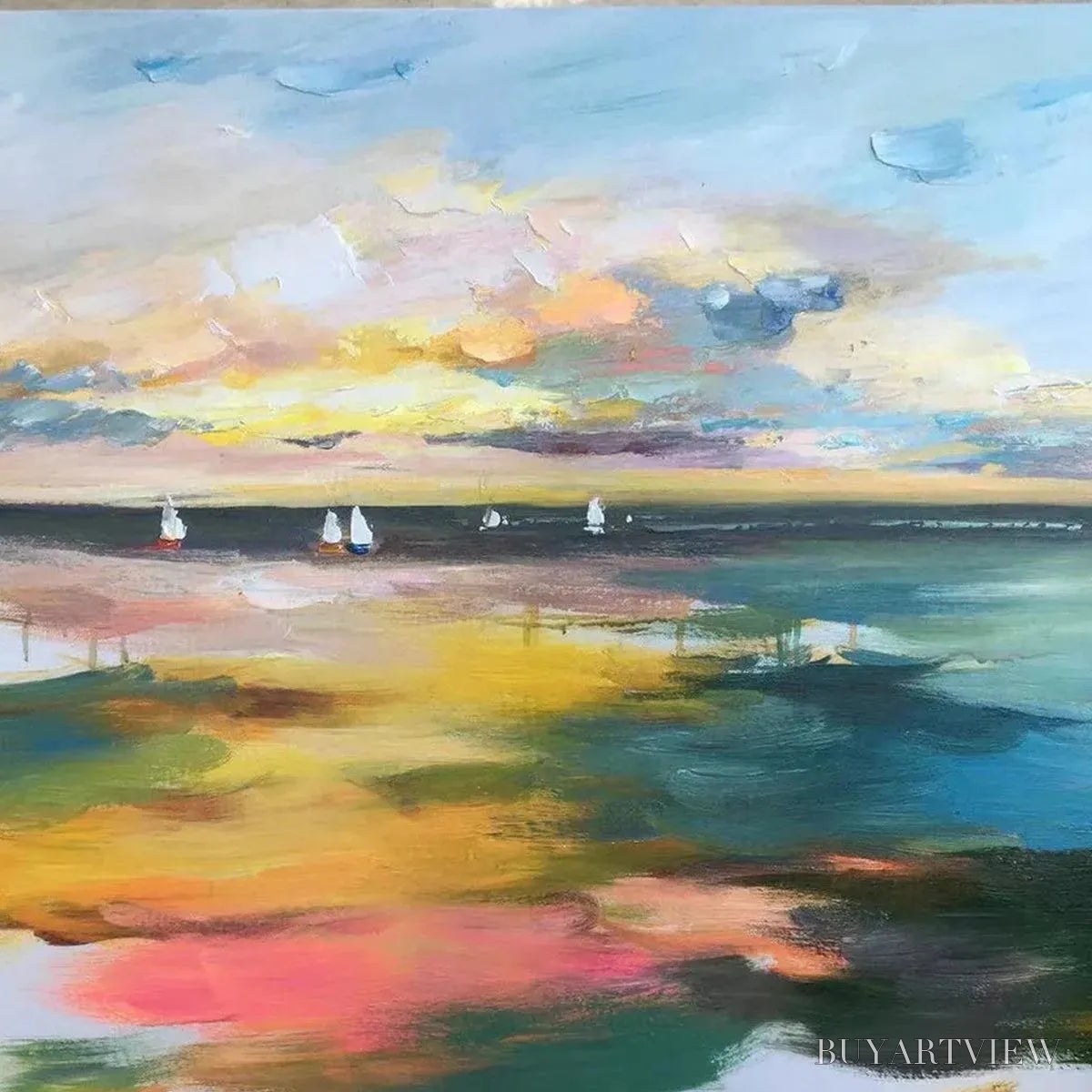 BUYARTVIEW Sunset Sail – Seascape Painting, Impasto Texture, Ocean View, Panoramic , Horizontal - image 6
