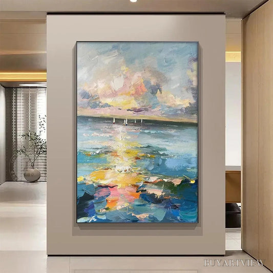 BUYARTVIEW Sailboats At Sunset – Seascape Painting, Impasto, Textured , Ocean Sunset, Vertical - image 2