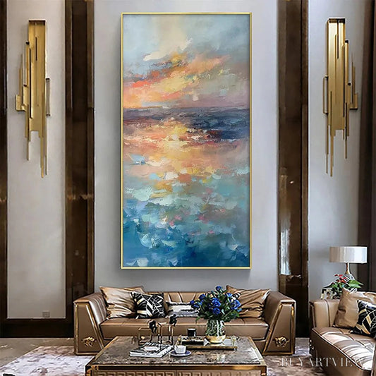 BUYARTVIEW Golden Hour Seascape – Ocean Painting, Sunset , Impasto Texture, Vertical Canvas - image 2