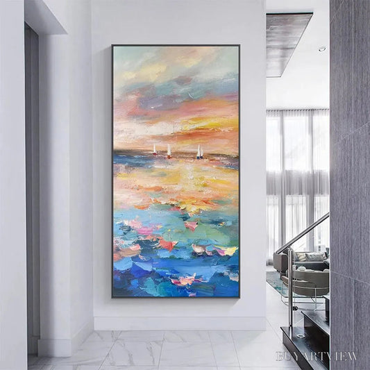BUYARTVIEW Sailing At Sunset – Colorful Seascape Painting, Textured , Vertical Canvas, Beach Decor - image 2