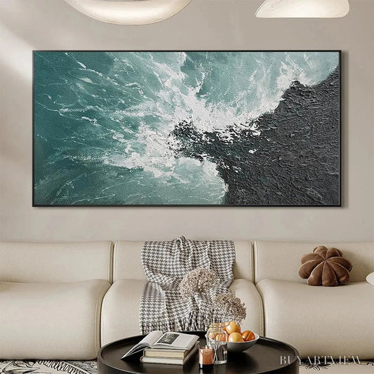 BUYARTVIEW Turquoise Crash – Textured Abstract Seascape Painting in Teal and Black - image 2