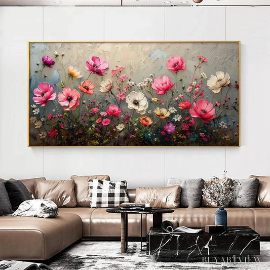 BUYARTVIEW Summer Bloom – Textured Pink and White Floral Painting on Grey Background - image 2