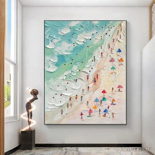 BUYARTVIEW Beach Day – Textured Beach Scene Painting with Colorful Umbrellas - image 2