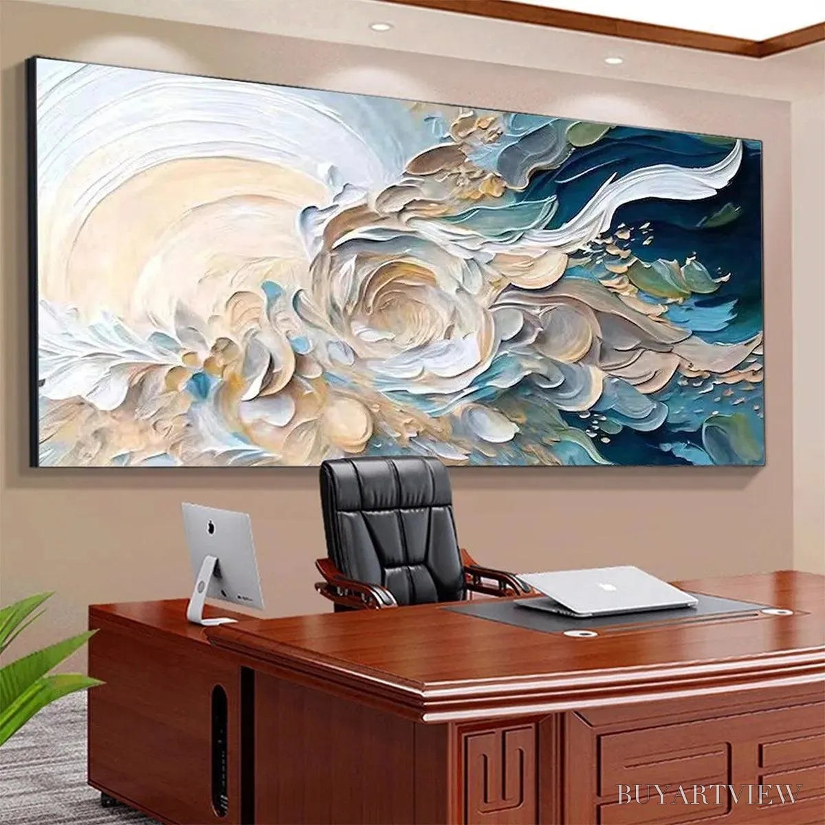 BUYARTVIEW Oceanic Bloom – Textured Abstract Floral Painting in Blue and Beige - image 6
