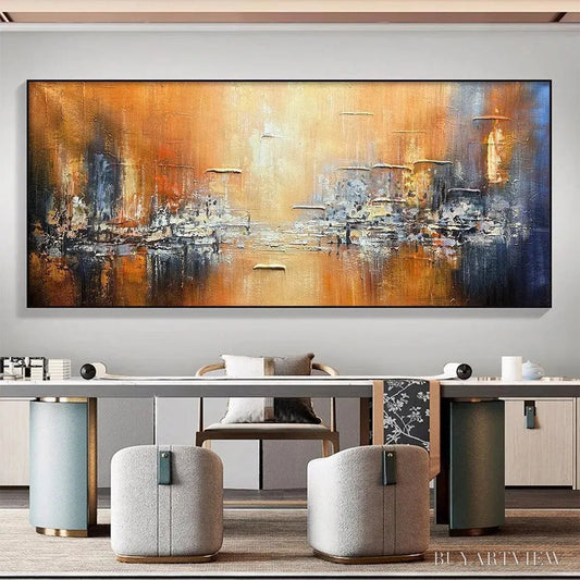 BUYARTVIEW Golden City – Textured Abstract Cityscape Painting in Orange and Blue - image 2