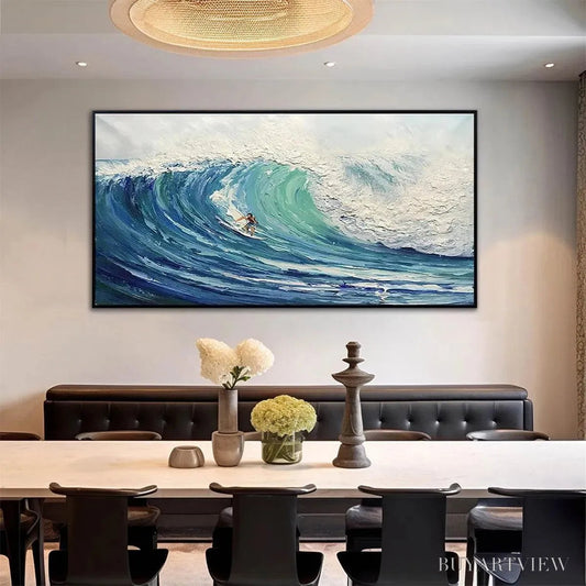 BUYARTVIEW Emerald Surge – Textured Blue Ocean Wave Painting with Surfer - image 2