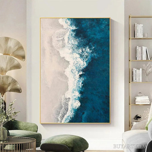BUYARTVIEW Azure Coast – Blue and Beige Abstract Coastal Painting - image 2
