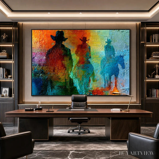 BUYARTVIEW Horizon Riders – Textured Abstract Western Painting of Riders on Horseback - image 2