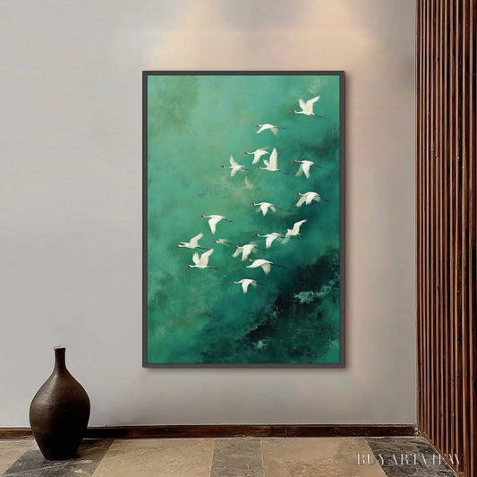 BUYARTVIEW Celestial Journey | Green Crane Abstract Vertical Oil Painting - image 2