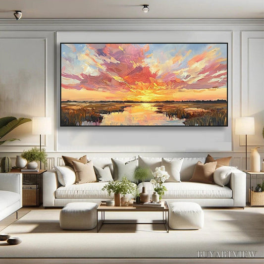 BUYARTVIEW Emberglow Marsh – Colorful Palette Knife Sunset Landscape Painting - image 2