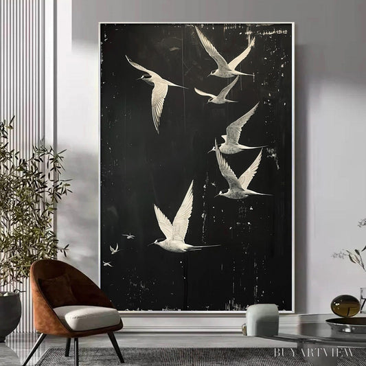 BUYARTVIEW Night Flight – Monochromatic Birds in Flight Oil Painting - image 2