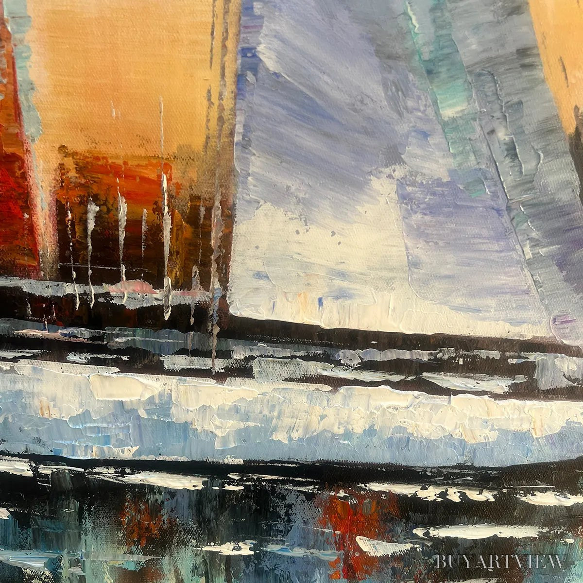 BUYARTVIEW Sailing At Sunset – Panoramic Sailboat Painting, Coastal , Blue, Orange, Living Room, Bedroom, Office - image 6