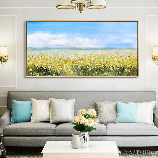 BUYARTVIEW Golden Hour Bloom – Landscape Oil Painting with Yellow Wildflowers and Blue Sky - image 2