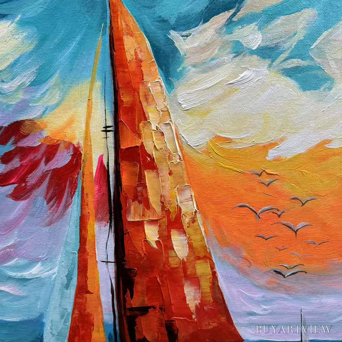 BUYARTVIEW Evening Sail – Square Sailboat Painting, Colorful Sunset - image 6