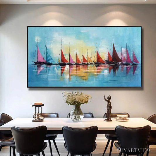 BUYARTVIEW Regatta – Colorful Sailboats Painting, Blue and Orange , Horizontal Canvas, Coastal Decor - image 2
