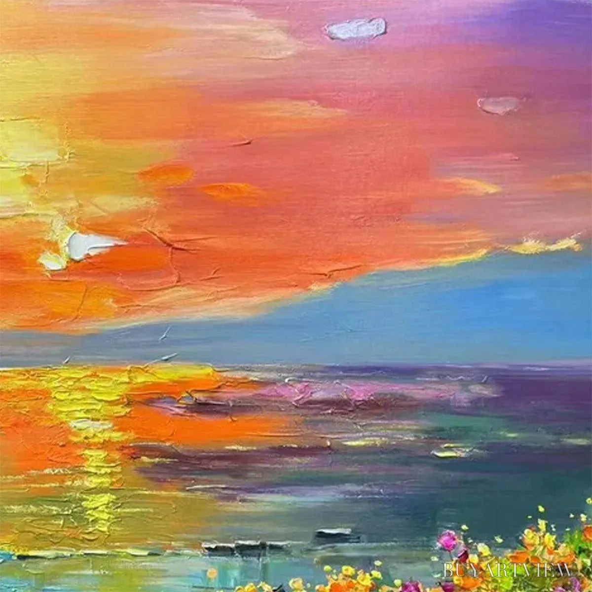 BUYARTVIEW Watercolor Sunset – Impressionistic Landscape Painting with Sunset and Flowers - image 6