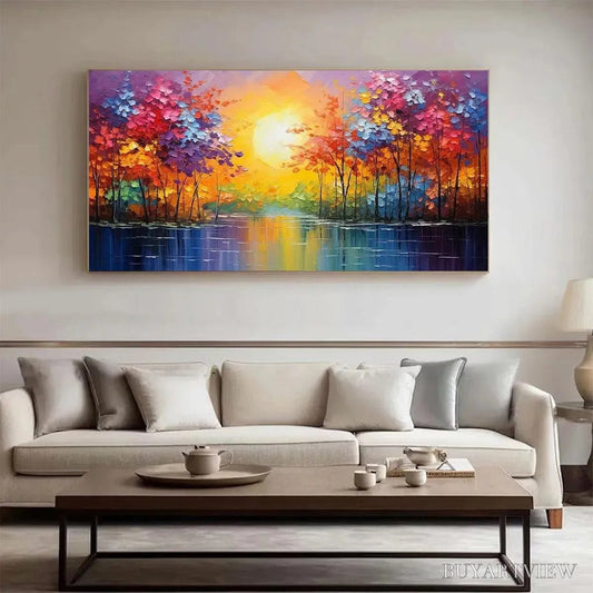 BUYARTVIEW Twilight Reflections – Colorful Landscape Painting of Trees by the Water - image 2