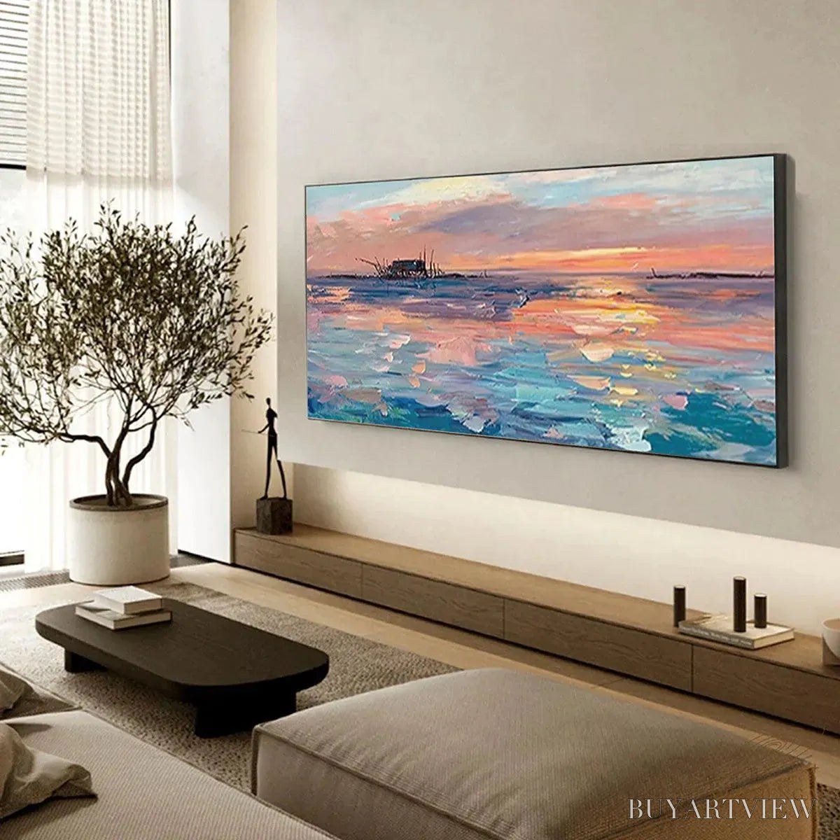 BUYARTVIEW Dusk Reflections – Panoramic Coastal Sunset Painting, Minimalist - image 6