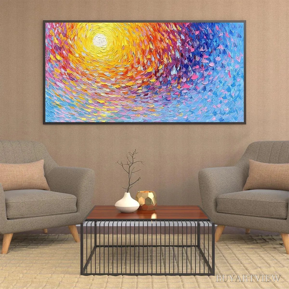 BUYARTVIEW Sunrise Serenade – Textured Abstract Sunrise Painting in Yellow and Blue - image 6