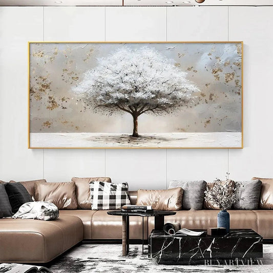 BUYARTVIEW Winter'S Grace – Textured White Tree Painting with Gold Accents on Beige - image 2