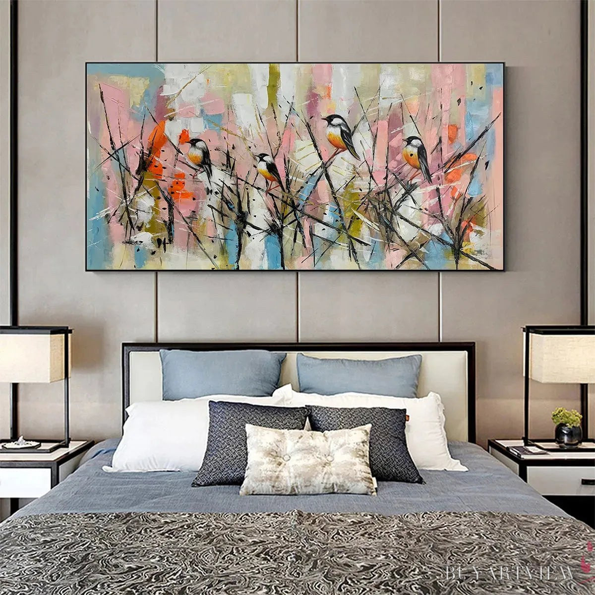 BUYARTVIEW Whimsical Birds – Panoramic Painting of Birds on Branches, Pastel Colors, Modern , Pink, Blue - image 6