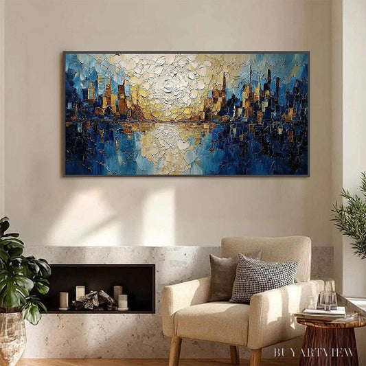 BUYARTVIEW Golden Horizon – Textured Impasto Cityscape Reflection Oil Painting - image 2